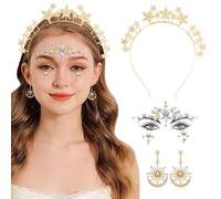 TTPSRY Diadema Corona Estrellas Brillantes Pendientes Luna Pegatinas Faciales Cristales Decorativos Accesorios Cabello Joyas Conjunto Elegante