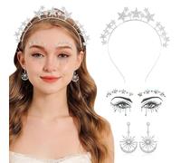 TTPSRY Diadema Corona Estrellas Brillantes Pendientes Luna Pegatinas Faciales Cristales Decorativos Accesorios Cabello Joyas Conjunto Elegante