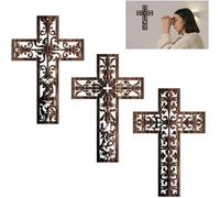 TTPSRY Juego De 3 Cruces De Pared De Madera Tallada Decoración Rústica Para El Hogar Accesorios Decorativos Cruces Ornamentales Arte Religioso Cruces Decorativas Para Paredes(Brown B)