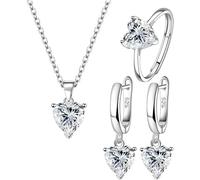 TTPSRY Pendientes de plata Conjunto Aretes Anillos Collar Corazón Pendiente con Cubic Zirconia Brillantes Regalo para la Fiesta de Bodas (Blanco)