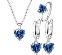 TTPSRY Pendientes de plata Conjunto Aretes Anillos Collar Corazón Pendiente con Cubic Zirconia Brillantes Regalo para la Fiesta de Bodas (Azul)