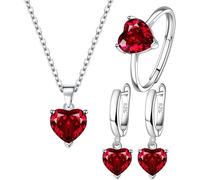 TTPSRY Pendientes de plata Conjunto Aretes Anillos Collar Corazón Pendiente con Cubic Zirconia Brillantes Regalo para la Fiesta de Bodas (Rojo)