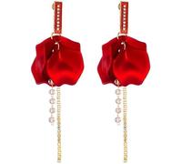 TTPSRY Pendientes Mujer Largos Elegantes con Flor Roja y Cristales Colgantes Pendientes de Oro Mujer Modernos Joyería Bohemia para Fiesta Boda