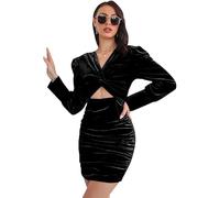 TTPSRY Vestido Terciopelo Mujer Elegante Corto de Fiesta Invierno Vestido Cuello V Manga Larga Recortado Fruncido Ajustado Sexy Cóctel Navidad Casual Vestidos de Noche (Negro-L)