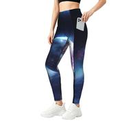 TTYDOKLA Leggings con estampado de planeta espacial con bolsillos para mujer, pantalones elásticos de entrenamiento, ropa para clima, Negro, XL