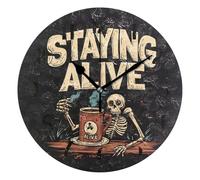 Ttylsdd Reloj de pared con texto en inglés "Staying Alive Silent Non Ticking", reloj de pared decorativo que funciona con pilas, para oficina, hogar, baño, cocina, dormitorio, hotel, escuela (9.8