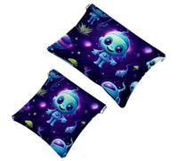 Tu solución de viaje: 2 bolsas de metralla verde de dibujos animados Alien-210 - Bolsa de maquillaje compacta, Multicolor 03, A：7.1x5.8in/18x14.8cm，B:4.7x4.5in/12x11.5cm