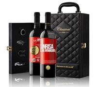 «Tu sonrisa es mi armadura» Mensaje en una Botella. Estuche-Maletín de LUJO 2x Vino Tinto Premium Reserva 12 Meses y Set de 4 Accesorios. Etiqueta Roja PERSONALIZABLE