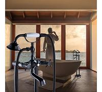 Tub Mixer Tap Bathroom Faucet Floor Blackened Bronze Mount Tub Filler Tap Dual Handle and Hole Ceramic Handshower,