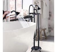 Tub Mixer Tap Bathroom Faucet Floor Mount Tub Filler Tap Dual Handle and Hole Ceramic Handshower-Black Bronze,