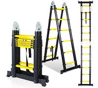 Tubiaz Escalera telescópica plegable de aluminio de 3,8 m, portátil, multiusos, multifunción, 1,9 + 1,9 m, plegable, hasta 150 kg, color negro y amarillo