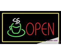 Tubo LED de neón abierto rectangular con logotipo de café amarillo hecho a mano, letrero de neón para decoración de pared, PVC, 14 x 17 pulgadas