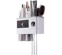 TuCao Dispensador automático de Pasta de Dientes de Pared, Soporte para Cepillo de Dientes para baño, 2 Vasos magnéticos, 6 Ranuras para cepillos de Dientes, 1 cajón Organizador (2 Tazas)