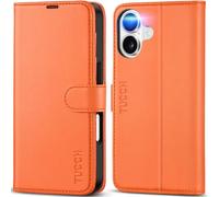 TUCCH Funda para iPhone 17 6,3-pulgadas 5G 2025 Bloqueo RFID Billetera | Funda TPU A Prueba de Golpes Flip Folio Cuero Sintético, Soporte Plegable Carcasa Protectora, Cierre Magnético, Naranja Cósmico