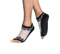 Tucketts Flow - Calcetines antideslizantes sin dedos para yoga, barra, pilates, hogar y ocio, 1 par de calcetines negros transparentes, Negro, L-XL