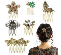 Tucnoeu Paquete de 6 peines laterales para el pelo vintage para mujer, peine decorativo de mariposa con hojas de flores y perlas, peine de metal con agarre de dientes, horquillas de cristal para novia