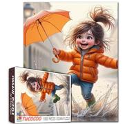 Tucocoo Bonito rompecabezas de 1000 piezas para adultos, feliz niña de dibujos animados saltando en la lluvia con paraguas naranja, decoración del hogar, escena caprichosa del día lluvioso, regalo