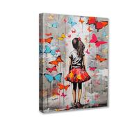 Tucocoo Cuadros para sala de estar, pinturas de mariposas coloridas, 1 pieza de lienzo, chica Banksy, grafiti callejero, arte de pared moderno, decoración del hogar, arte de Gi enmarcado