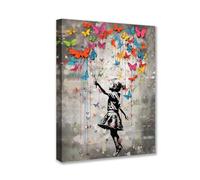 Tucocoo - Lienzo impreso, diseño: Banksy, niña pequeña, mariposa, grafiti, pintura callejera, obra de arte contemporánea, decoración para sala de estar, con marco de madera, embalaje de galería, listo