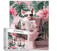 Tucocoo Rompecabezas de 1000 piezas para adultos, divertido rompecabezas de cerdo rosa, lindo animal en el inodoro, rompecabezas de hoja de palma para desafiar el juego de actividades familiares,