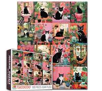 Tucocoo Rompecabezas de gato negro para adultos, 1000 piezas, divertido gatito abstracto botánico rosa verde collage rompecabezas bricolaje para decoración del hogar, colección de regalo, rompecabezas