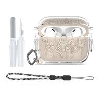 TUDIOW Funda para Airpods Pro de 2ª/1ª generación con cerradura, flor floral grabada Airpod Pro 1 y 2 funda protectora con kit de limpieza, llavero y cordón para AirPods Pro de 2ª/1ª generación