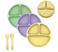 TudoBem Placa de Ventosa Antideslizante para Bebés [5 Piezas] Sin BPA | Plato Compartimento Bebé [x3] Tenedor y Cuchara Aprendizaje Bebé [x1] | 100% silicona alimentaria