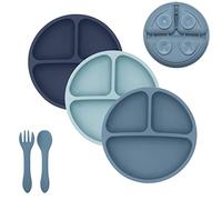 TudoBem Placa de Ventosa Antideslizante para Bebés [5 Piezas] Sin BPA | Plato Compartimento Bebé [x3] Tenedor y Cuchara Aprendizaje Bebé [x1] | 100% silicona alimentaria