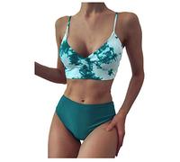 TUDUZ Bikinis de Mujer Verano Boho Tie Dye Estampado Bikini Conjunto en Dos Piezas Ropa de Baño Push Up Tops Tankini de Baño Traje Correa de Hombro Ajustable Bañador de Baño(A Verde,M)