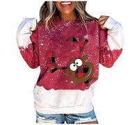 TUDUZ Camisetas de Manga Larga Suelto para Mujer Otoño Invierno Talla Grande Estampado de Copos de Nieve de Navidad Pullover Sudadera Navideño Jersey Contraste de Color Blusas Tops(C Rojo,5XL)