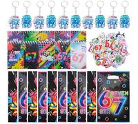 Tuhangcc 80 piezas de 6 a 7 recuerdos de fiesta incluidos 67 temáticos bolsa de regalo temática, llaveros acrílicos divertidos, pegatinas, cuadernos, seis siete Internet, juego de regalos novedosos