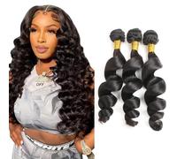 Tuheerst 1B Natural Black Bundles Human Hair Double Weft Loose Wave Cabello Humano Extensions Unprocessed Tissage Brazilian Virgin Human Hair 20 22 24 Inch Total 3 Bundles Total 150g