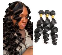 Tuheerst 1B Natural Black Bundles Human Hair Double Weft Loose Wave Cabello Humano Extensions Unprocessed Tissage Brazilian Virgin Human Hair 16 18 20 Inch Total 3 Bundles Total 150g