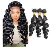 Tuheerst 24 26 28 Inch 1B Natural Black Bundles Human Hair Double Weft Loose Wave Cabello Humano Extensions Unprocessed Tissage Brazilian Virgin Human Hair Total 3 Bundles Total 150g