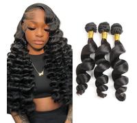 Tuheerst 26 28 30 Inch 1B Natural Black Bundles Human Hair Double Weft Loose Wave Cabello Humano Extensions Unprocessed Tissage Brazilian Virgin Human Hair Total 3 Bundles Total 150g