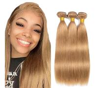 Tuheerst #27 Honey Blonde Bundles Human Hair Double Weft Straight Cabello Humano Extensions Unprocessed Tissage Brazilian Virgin Human Hair 12 14 16 Inch Total 3 Bundles Total 150g