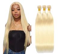 Tuheerst #613 Light Blonde Bundles Human Hair Double Weft Straight Cabello Humano Extensions Unprocessed Tissage Brazilian Virgin Human Hair 12 14 16 Inch Total 3 Bundles Total 150g