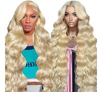 Tuheerst Body Wave Humano Hair Wig Peluca de pelo humano para mujer, rubio #613, 4 x 4, encaje de pelo humano brasileño, sin pegamento, 100 % sin procesar, pelo virgen brasileño, no mancha para mujer