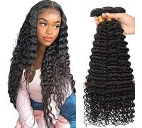 Tuheerst Deep Wave Human Hair Bundles Menschliches Haar Human Hair Extensions Echthaar Tressen 3 Bündel Sew in Bundle Natural Black Double Weft Remy Hair 28 28 28 Zoll