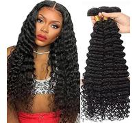 Tuheerst Deep Wave Human Hair Bundles Menschliches Haar Human Hair Extensions Echthaar Tressen 3 Bündel Sew in Bundle Natural Black Double Weft Remy Hair 16 16 16 Zoll