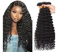 Tuheerst Deep Wave Human Hair Bundles Menschliches Haar Human Hair Extensions Echthaar Tressen 3 Bündel Sew in Bundle Natural Black Double Weft Remy Hair 22 22 22 Zoll