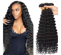 Tuheerst Deep Wave Human Hair Bundles Menschliches Haar Human Hair Extensions Echthaar Tressen 3 Bündel Sew in Bundle Natural Black Double Weft Remy Hair 30 30 30 Zoll