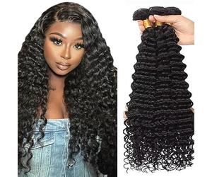Tuheerst Extensiones de cabello humano de onda profunda, 1B, color negro natural, extensiones de cabello humano, extensiones de pelo humano mínimo, doble trama, 300 g, 300 g, 300 g