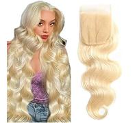 Tuheerst Human Hair Bundles #613 Light Blonde Body Wave 4x4 Lace Closure Mensliches Haar Bundel Echthaar Human Hair Extensions Echthaar Tressen Double Weft Remy Hair 28 Inch