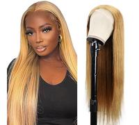 Tuheerst Peluca de pelo humano recto para mujer, rubio, 4 x 4, pelo humano brasileño, sin pegamento, 100 % sin procesar, pelo virgen brasileño, no mancha para mujer, 24 pulgadas