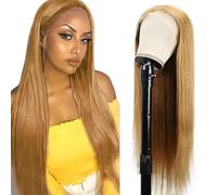 Tuheerst Peluca de pelo humano recto para mujer, rubio, 4 x 4, pelo humano brasileño, sin pegamento, 100 % sin procesar, pelo virgen brasileño, no mancha para mujer, 34 pulgadas
