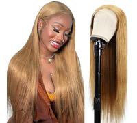 Tuheerst Peluca de pelo humano recto para mujer, rubio, 4 x 4, pelo humano brasileño, sin pegamento, 100 % sin procesar, pelo virgen brasileño, no mancha para mujer de 22 pulgadas
