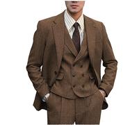 Tuikayoo Traje formal de tweed para hombre, lana en espiga, 3 piezas, traje de boda, corte ajustado, esmoquines de graduación para padrinos de boda, marrón, XXL