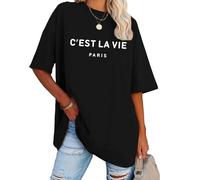 Tuislay C'est La Vie - Camiseta de gran tamaño para mujer, diseño gráfico de París, para gimnasio, entrenamiento, verano, manga corta, holgada, Negro -, Large