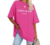 Tuislay C'est La Vie - Camiseta de gran tamaño para mujer, diseño gráfico de París, para gimnasio, entrenamiento, verano, manga corta, holgada, Rosa encendido, S